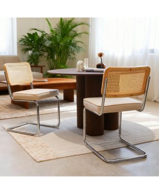 Set of 2 Champagne Velvet Rattan Cantilever Dining Chairs, Chrome Tubular Steel Breuer Stackable Side Chairs