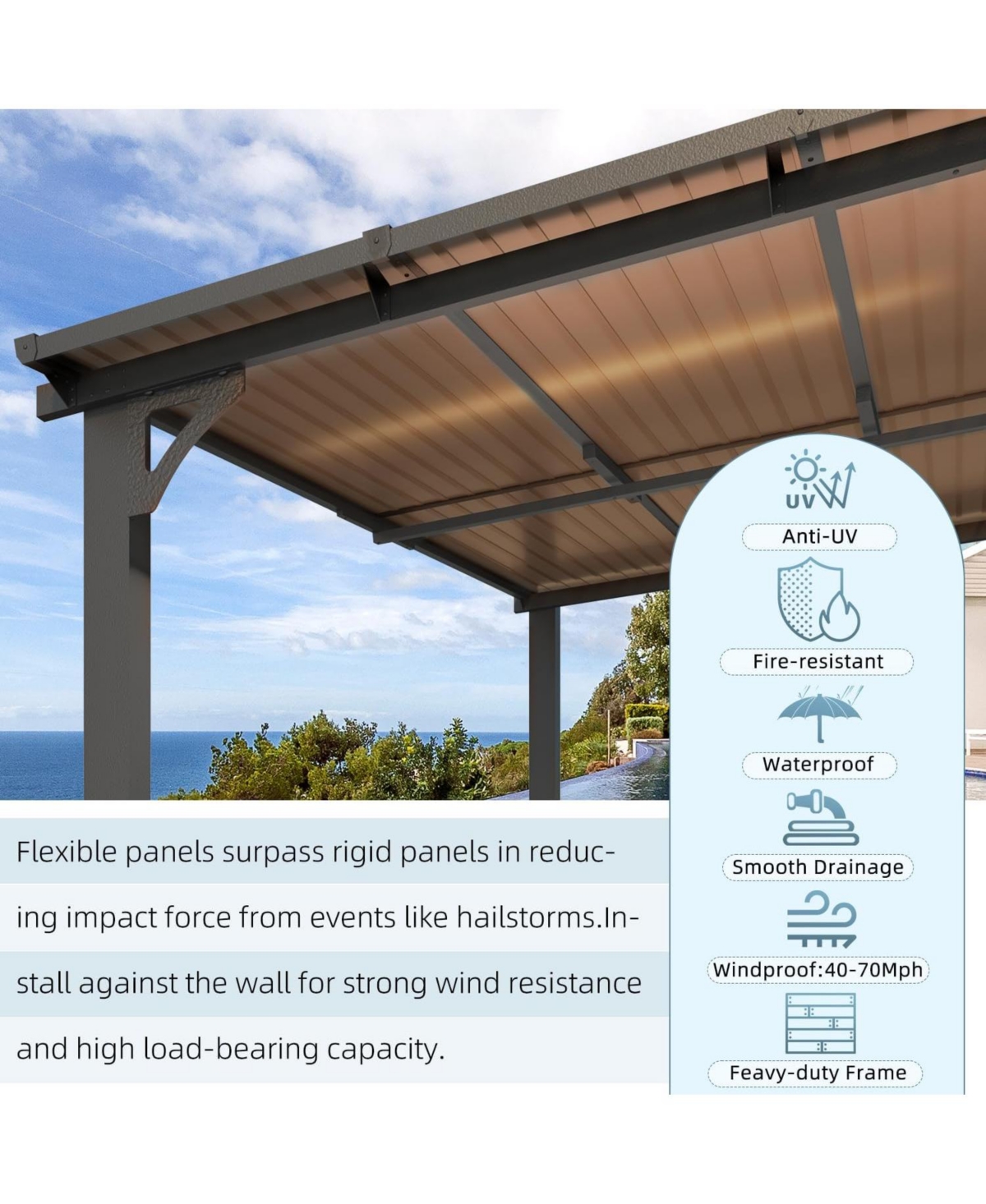 Aecojoy 14'x12' Wall Gazebo Hardtop Roof Lean to Grill Shelter Heavy Duty Metal Awning