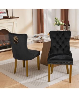 Set of 2 Velvet Mid-Century Dining Chairs, Lion Head Pull Ring Solid Wood Legs 280lbs Capacity