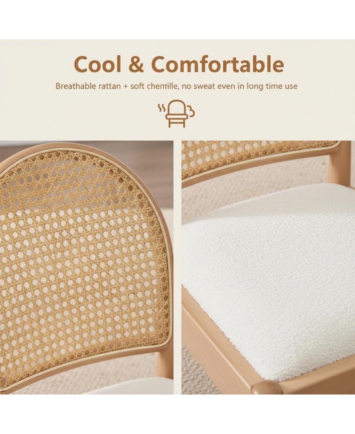 Flynama Set of 2 Rattan Back Linen Dining Chairs, Solid Wood Leg Teddy Cushion 275lbs Capacity