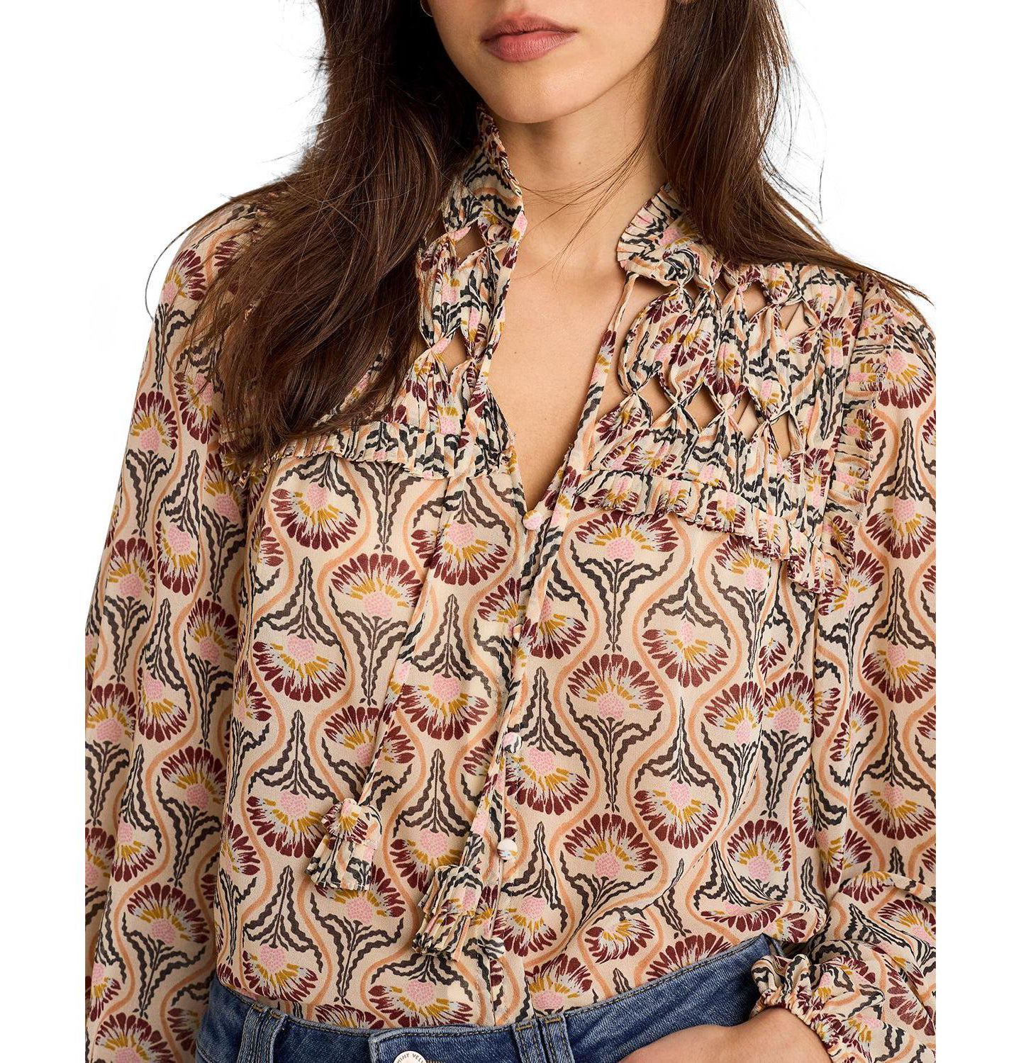 Женская блузка Mint Velvet Floral-Print Ruffle-Trim Tie-Front Long-Sleeve, цвет: Коричневый — фото 3