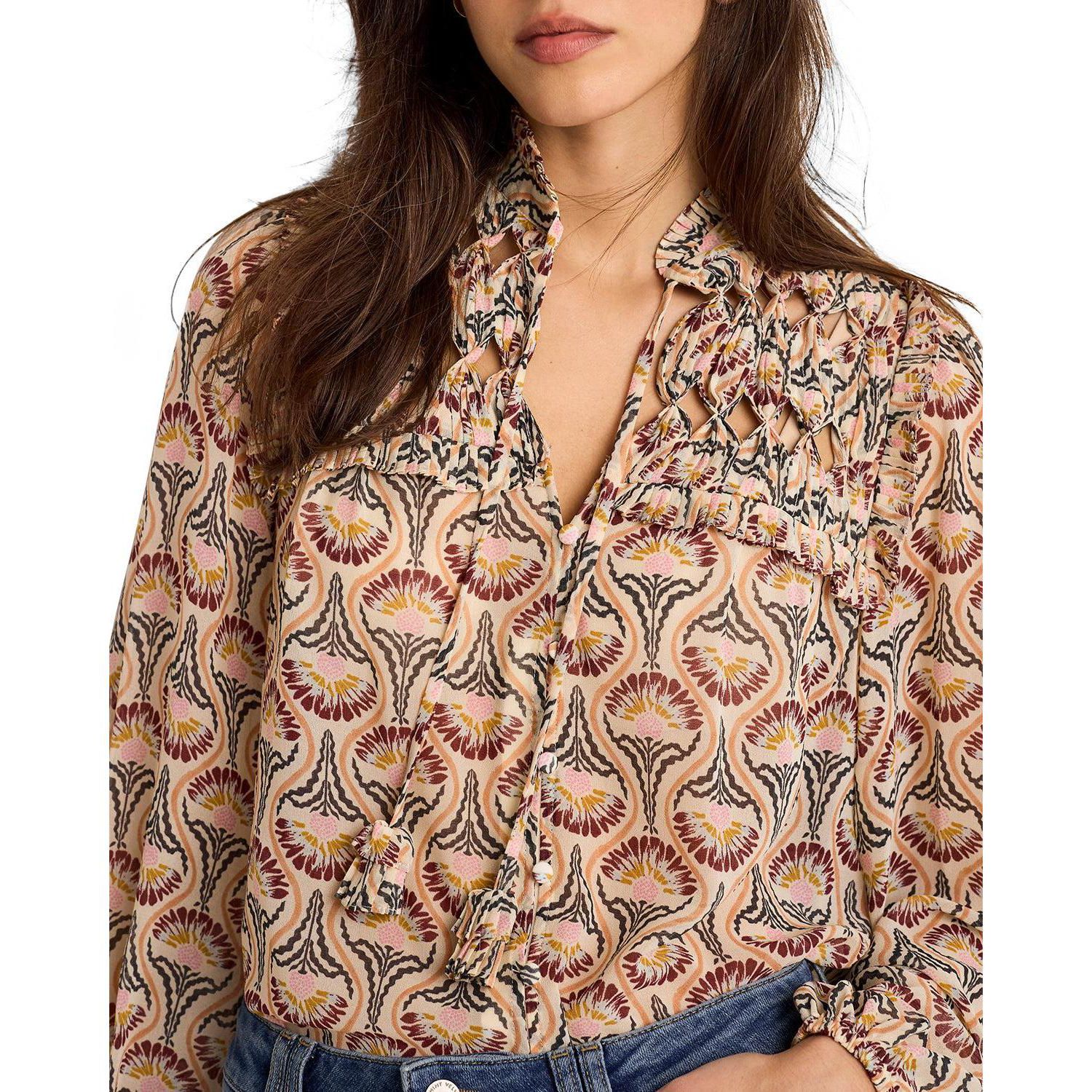 Women's Floral-Print Ruffle-Trim Tie-Front Long-Sleeve Blouse