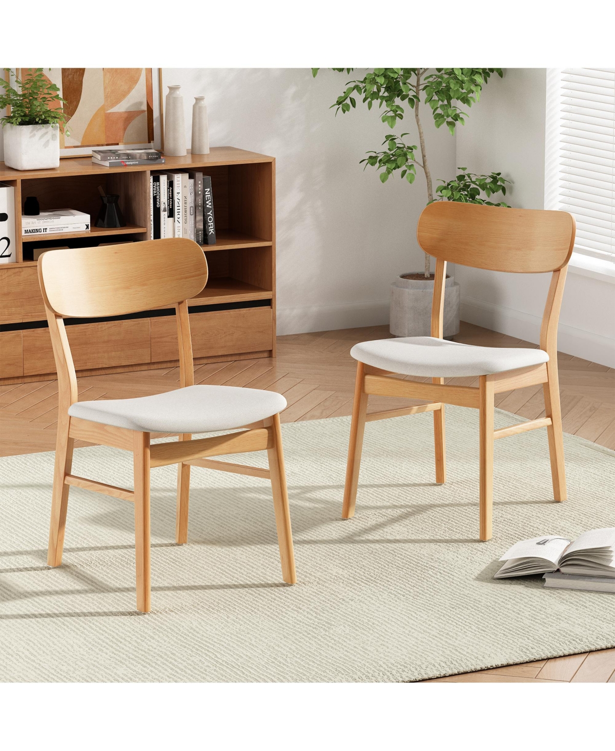 Flynama Set of 2 Minimalist Light Fabric Dining Chairs, Solid Rubberwood Legs
