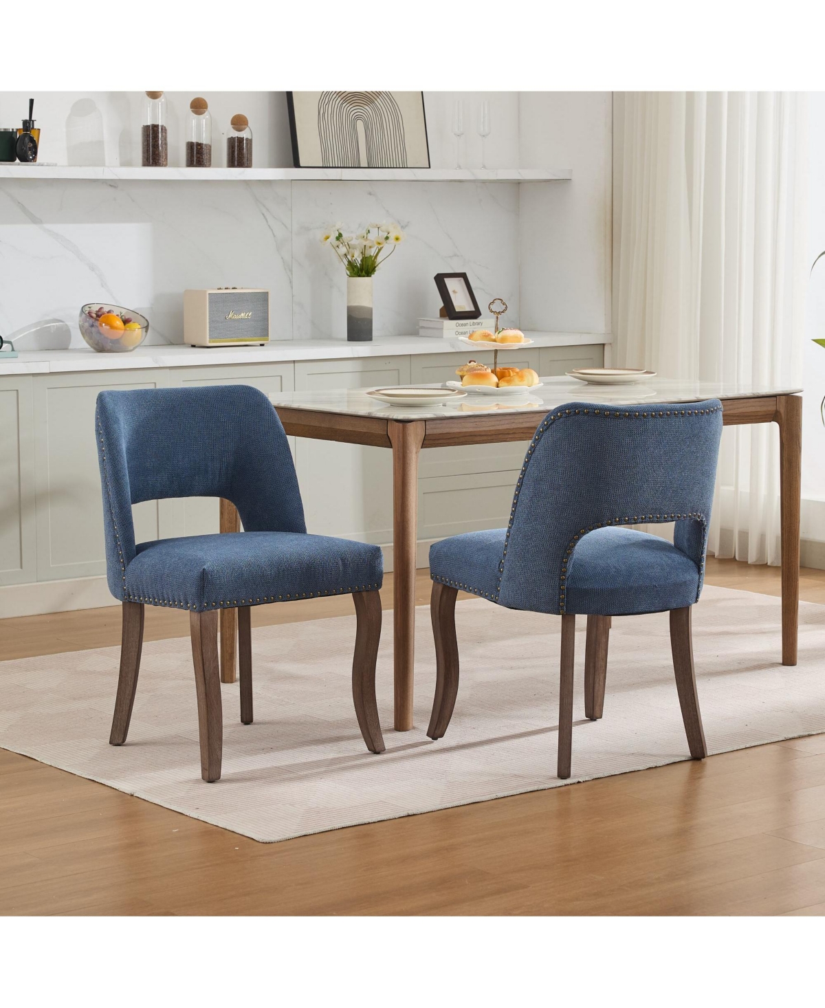 Flynama Wooden Dining Chairs Set of 2, Fabric Upholstered Dining Room Chairs with Hollow-Out Back Design
