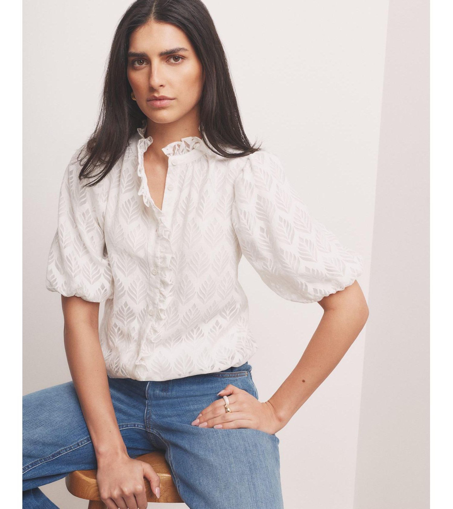 Women's Short Puff Sleeve Jacquard Ruffle-Trim Blouse