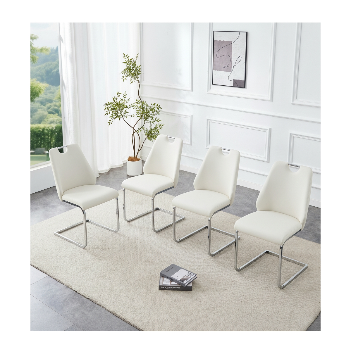 Flynama Set of 2 Mesh Pu High Back Dining Chairs, Back Ring Chrome Pull Handle Solid Iron Frame