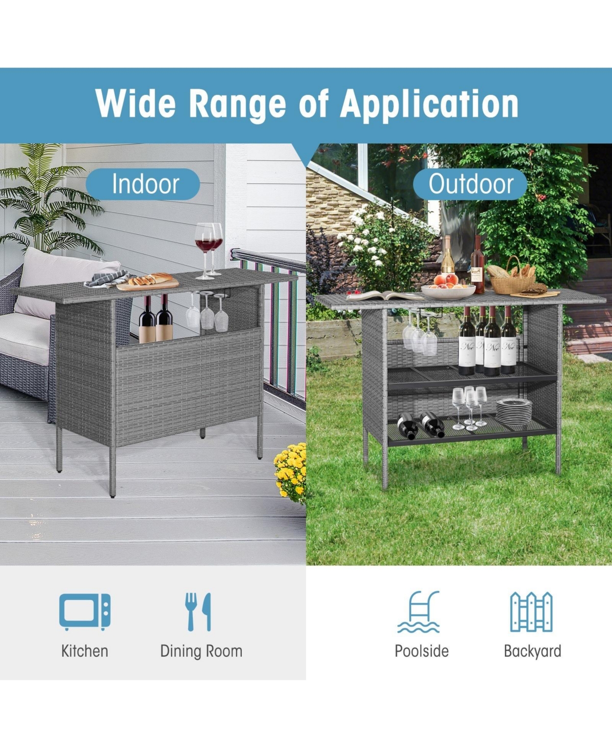 Mecale 55-Inch Outdoor Wicker Bar Table with Metal Storage Shelves
