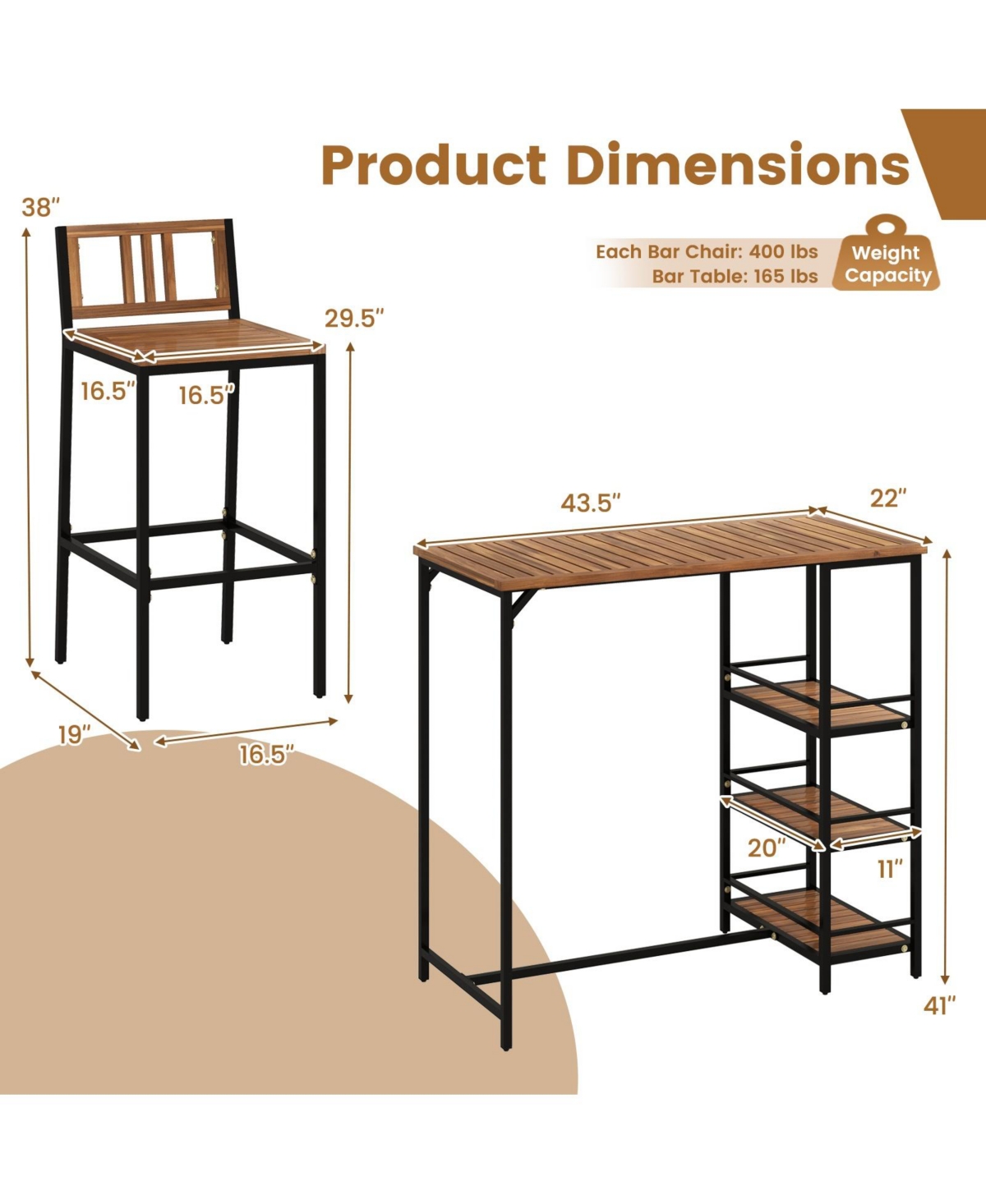 Mecale 3-Piece Outdoor Acacia Wood Bar Set with 3-Tier Storage Shelf