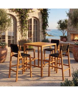 5-Piece Acacia Wood Outdoor Bar Height Dining Set with Rope Stools and Square Table