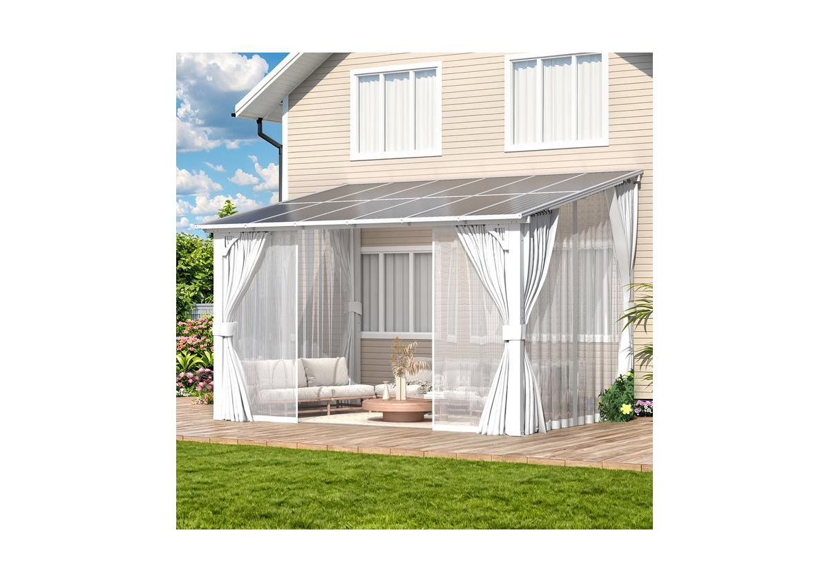 Aecojoy 12' x 8'Wall Mounted Hardtop Gazebo Lean to Metal Pergola with Curtains Netting Patio
