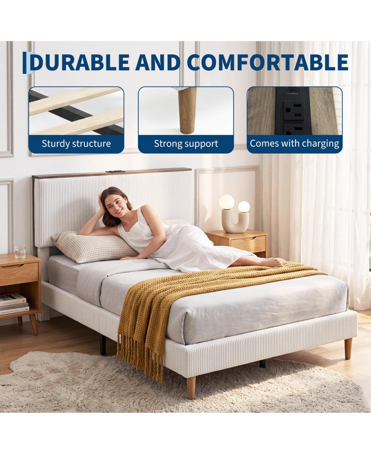 gaomon Twin Bed Frame – Upholstered Platform with Corduroy Storage Headboard, Charging Station and Led Lights, No Box Spring