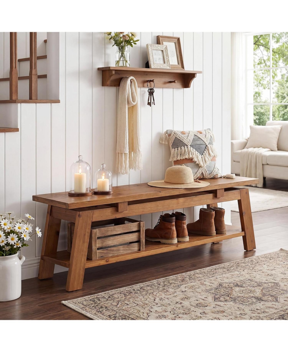 Tribesigns Solid Wood Bench, 55" Farmhouse Entryway Bench with Shoe Storage | 350 lb Capacity, Scratch Resistant, End of Bed Bench Shoe Bench Seat