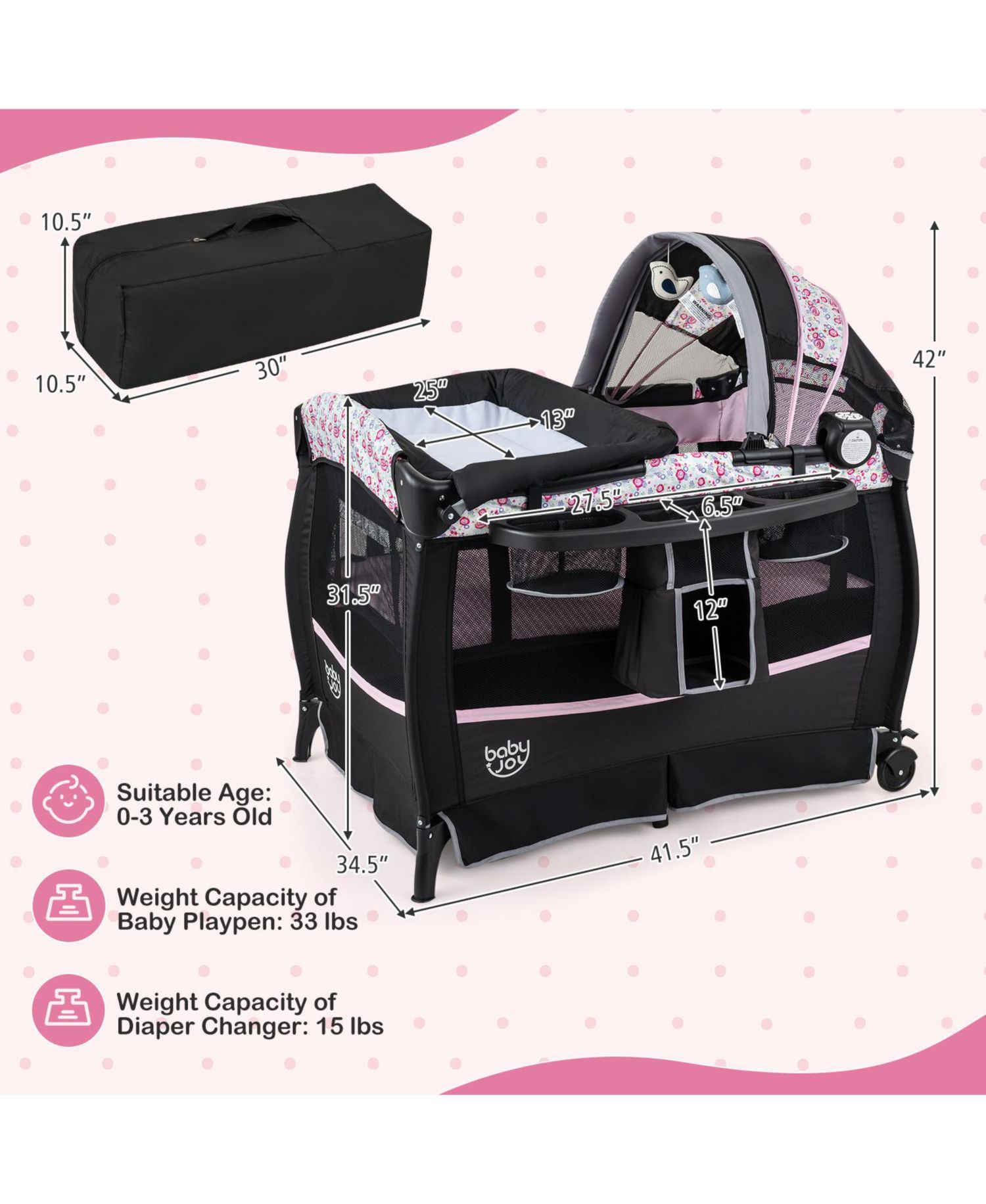 Baby Bassinet Bedside Crib with Changing Table Mattress Detachable Canopy Basket