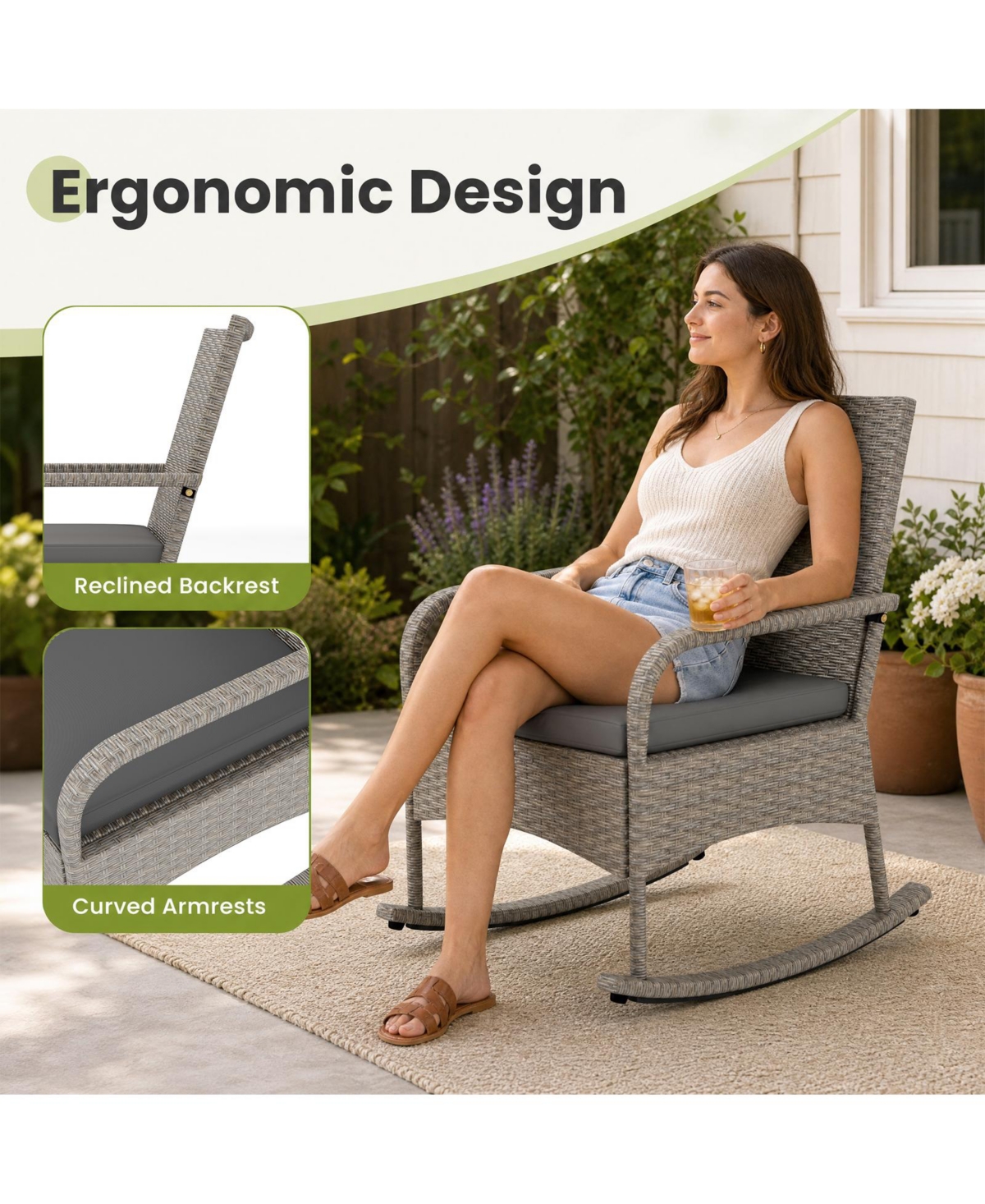 Gymax 3-Piece Rocking Bistro Set with Cushions and Glass Coffee Table for Garden Outdoor Mixed