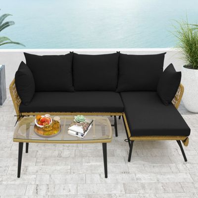 3-Piece L-Shape Outdoor Rattan Patio Sofa Set with Glass Coffee Table