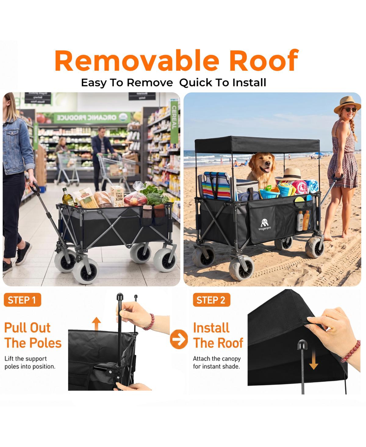 Streamdale Furniture Heavy Duty Folding Camping and Beach Wagon Cart with Canopy, 480LBS