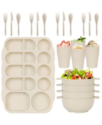 24 Piece Wheat Straw Dinnerware Set Microwave Dishwasher Safe For Home School Party