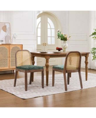 Set of 2 Curved Arched Cane Back Farmhouse Dining Chairs, Distressed Solid Wood Frame S-Spring Chenille Cushion