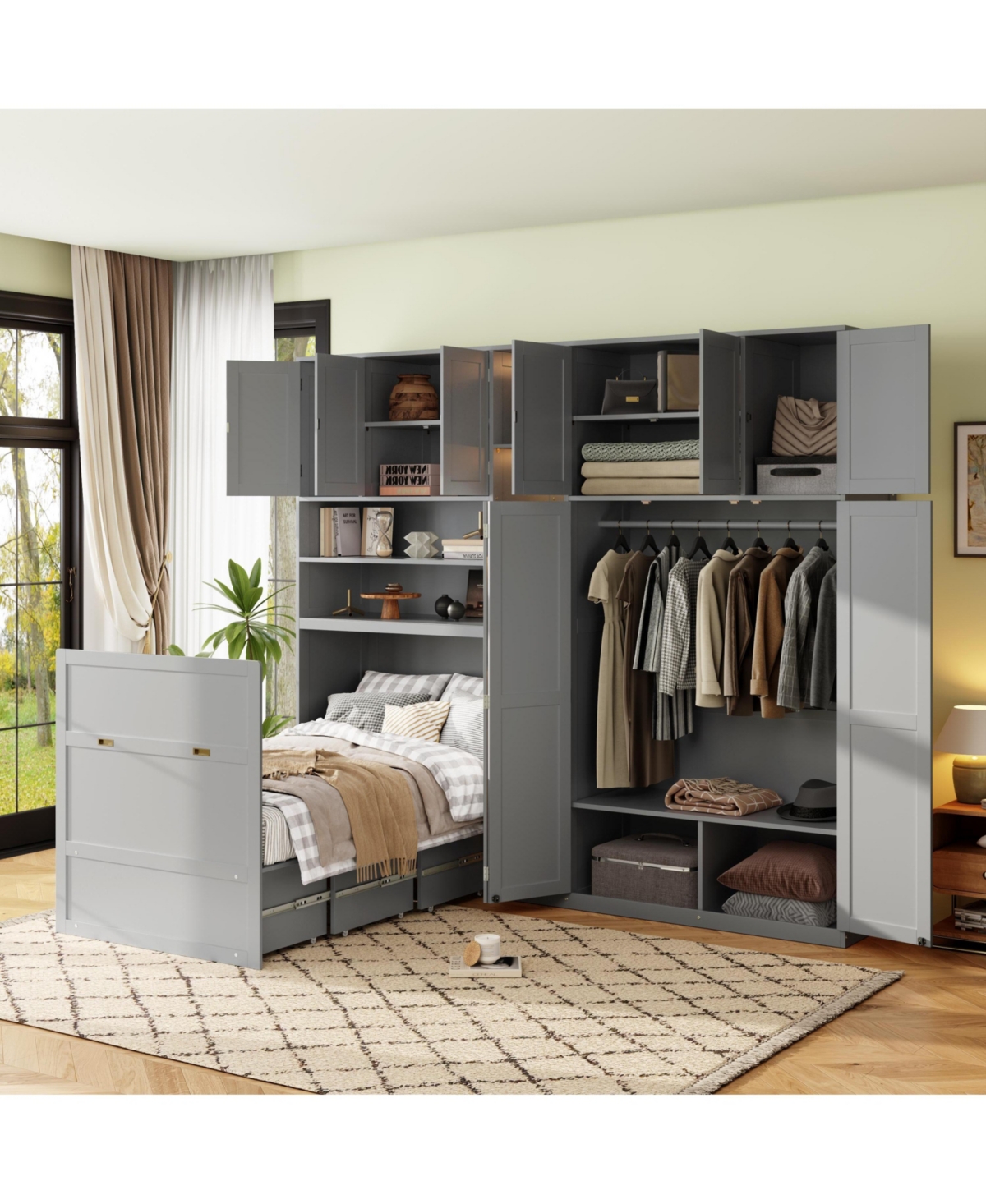 Clihome Twin Murphy Cabinet Bed with Wardrobe and Storage Shelves, 5-Tier Led Display Overhead Cabinets