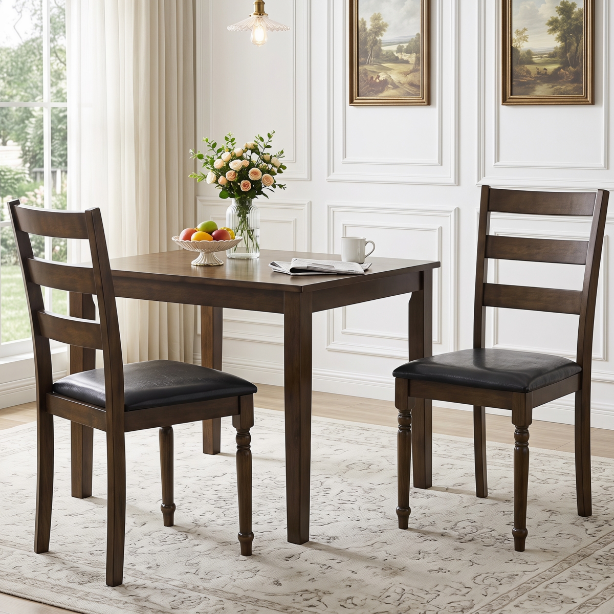Gymax 2Piece Farmhouse Pu Leather Upholstered Dining Chairs with Ladder Back Padded Seat