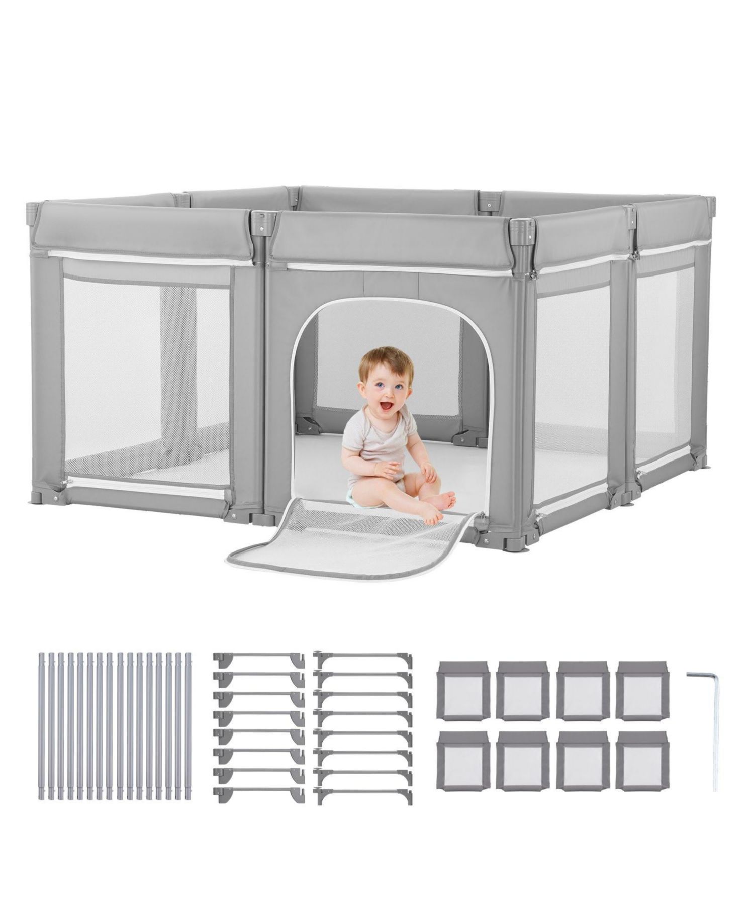 Foldable Baby Playpen for Toddlers, Large Play Yard with Soft Mesh Sides and Zippered Safety Door