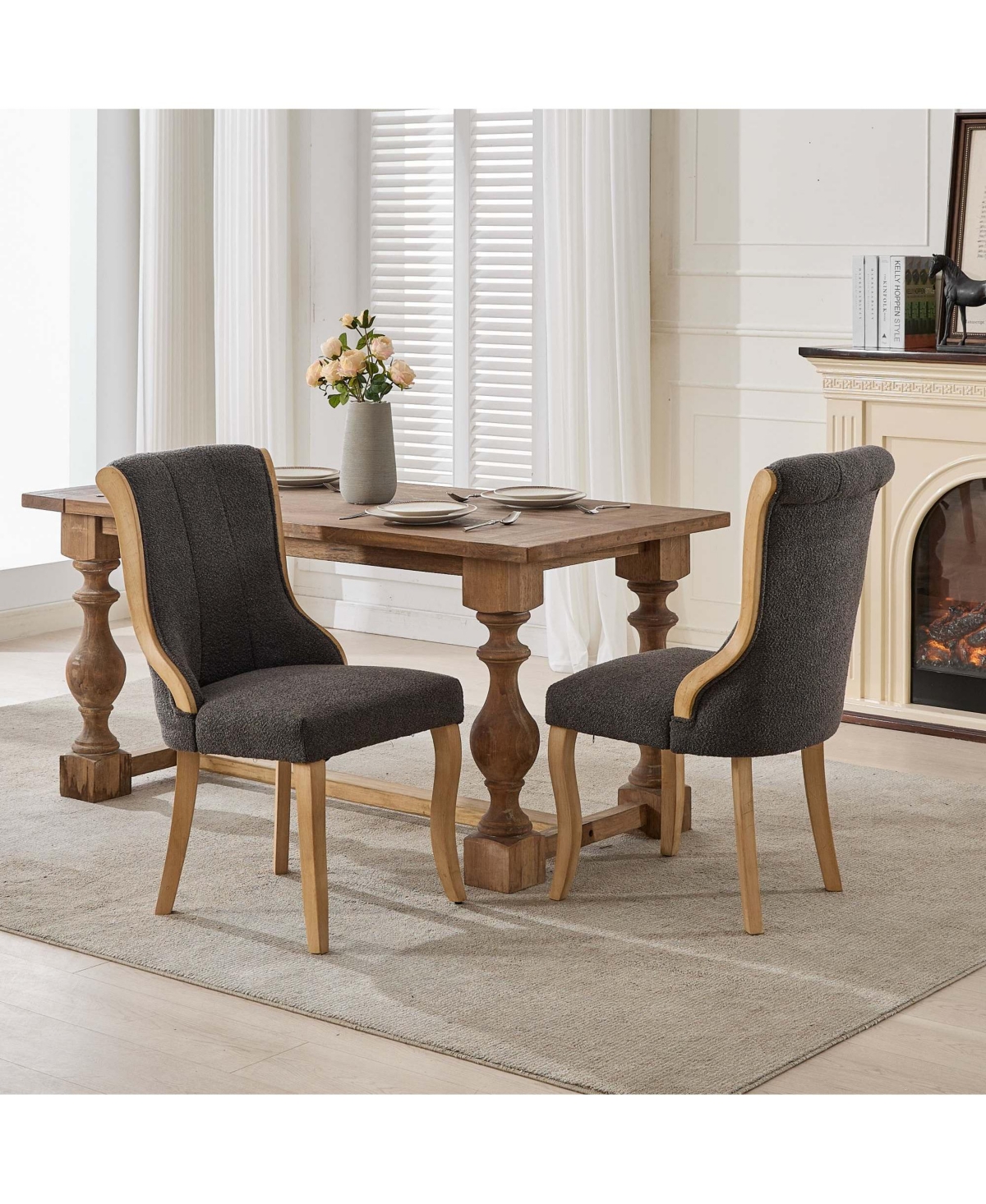 Flynama Set of 2 Snow Velvet Mid-Century Dining Chairs, Curved Solid Wood Trim and Sculpted Leg Accent Chairs