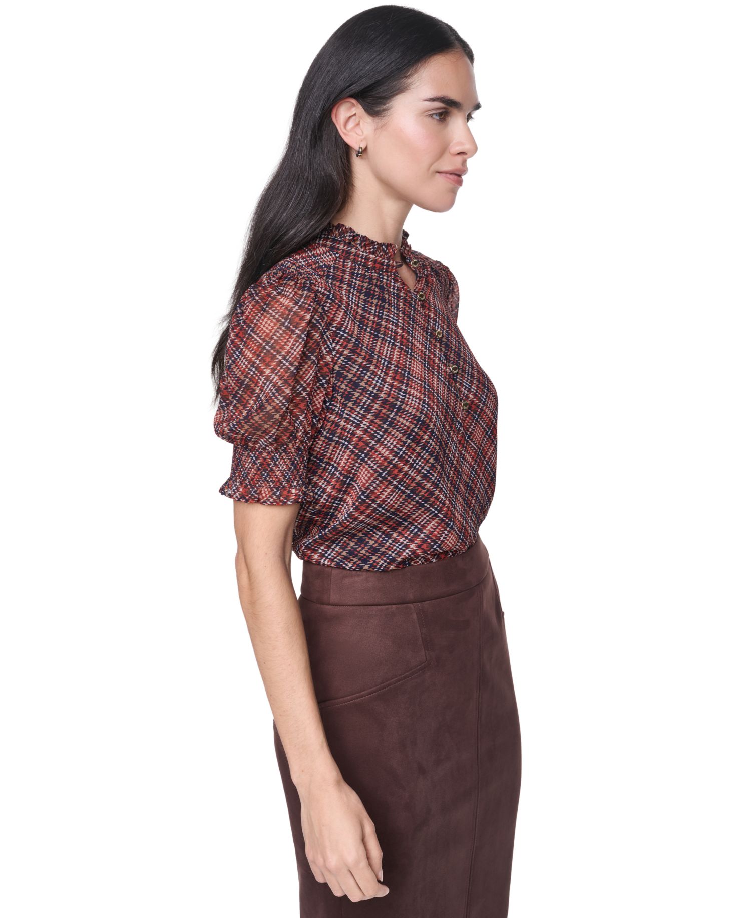 Women's Mock-Neck Short-Sleeve Plaid Blouse