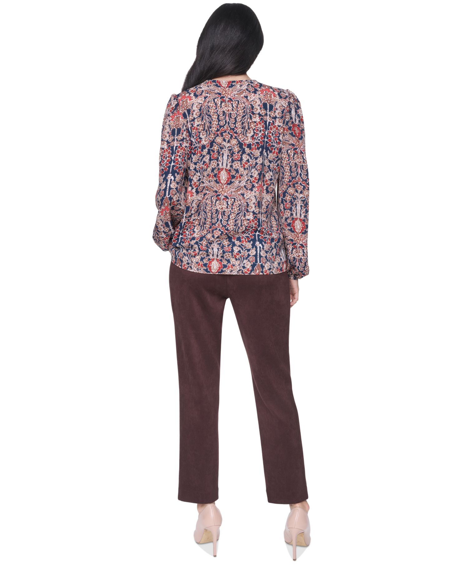 Women's Long-Sleeve Floral-Print Ruffle-Trim V-Neck Blouse