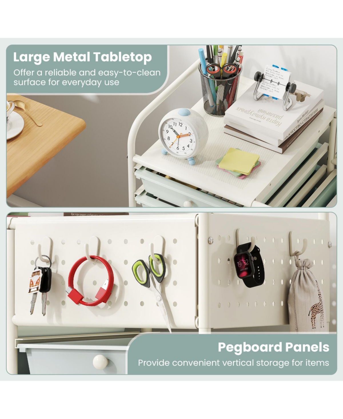 Mecale 14-Drawer Rolling Cart with Metal Top and Pegboard