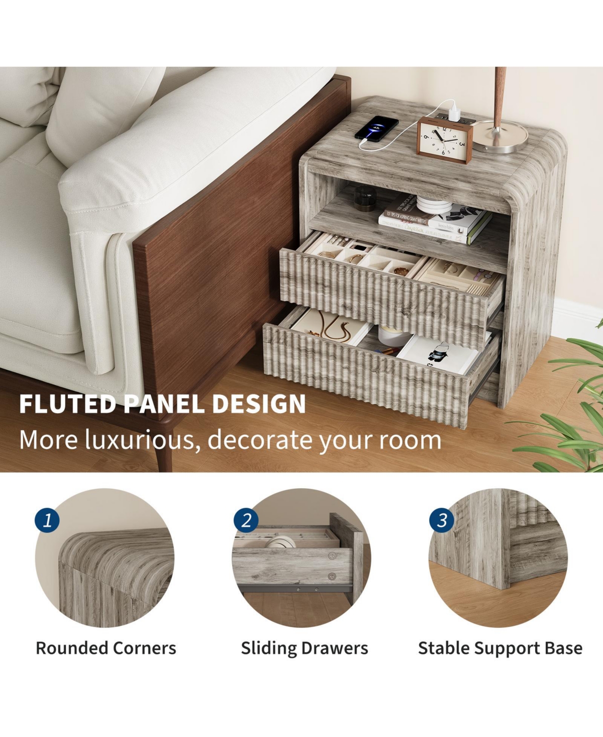homfan 23.6-Inch Fluted Nightstand with Charging Station and 2 Drawers