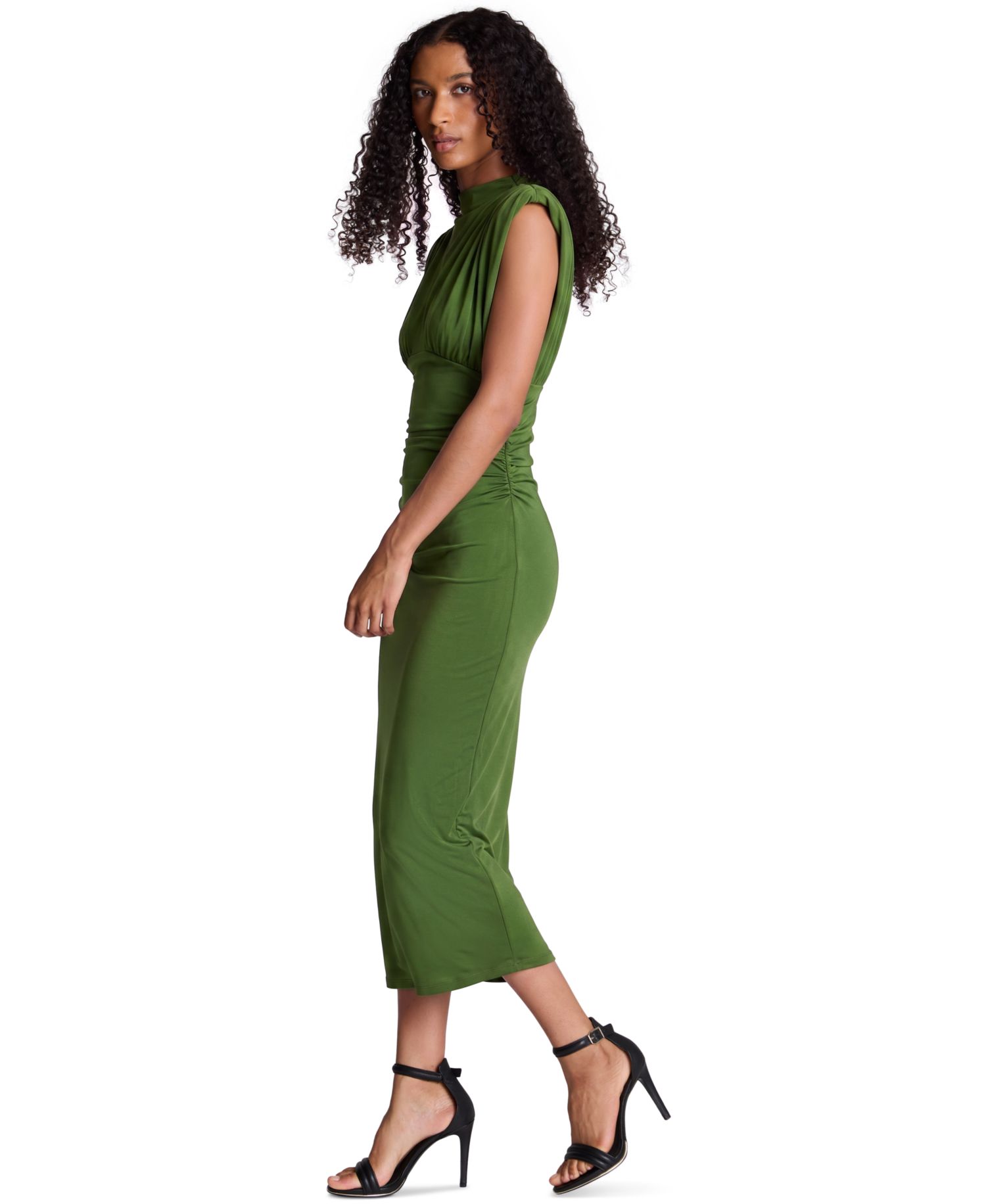 Women's Shoulder Pad Ruched Midi Dress
