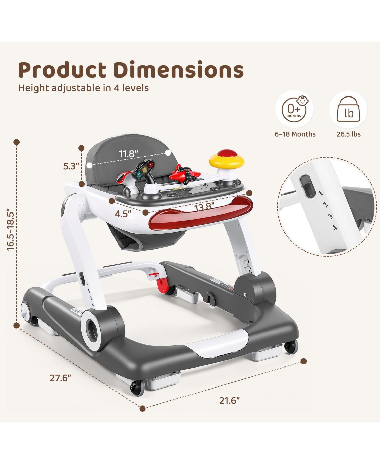 5-in-1 Baby Activity Walker with Music and Lights, Adjustable Height and Safety Bumper