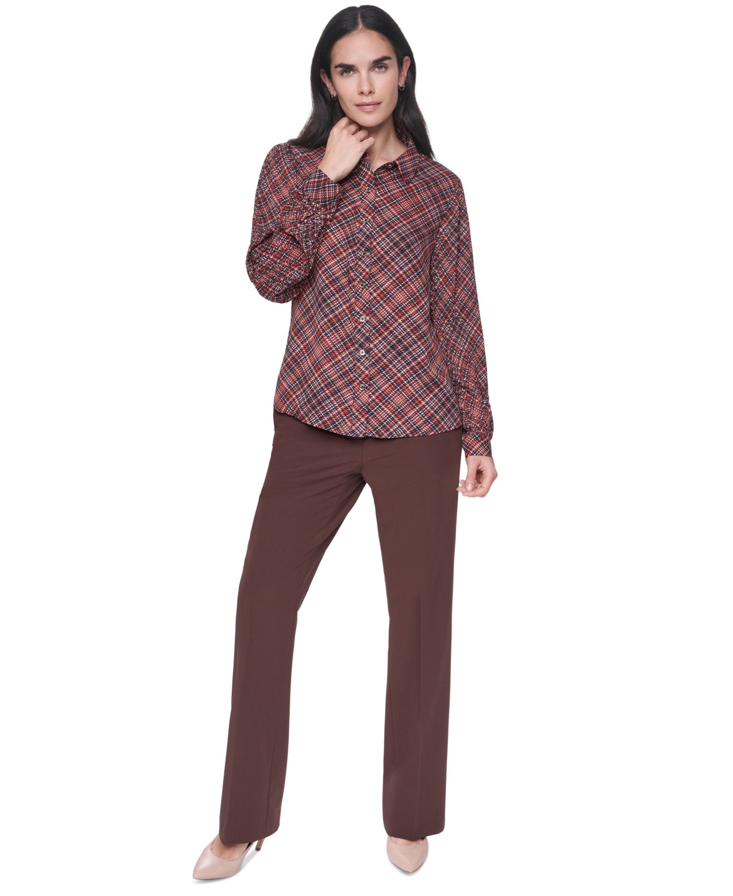 Women's Button-Front Pleated Plaid Long-Sleeve Blouse