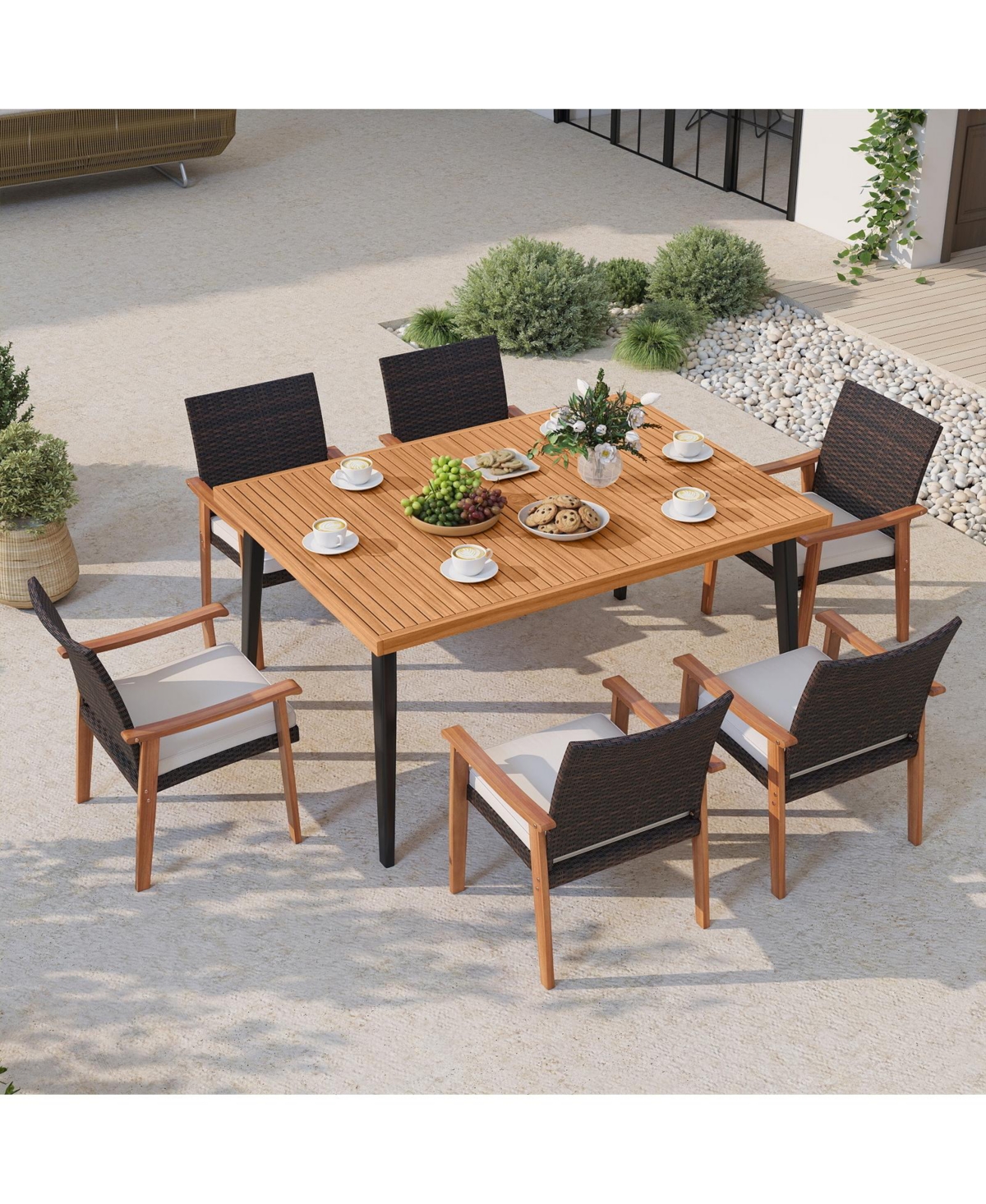 Mecale 63-Inch Acacia Outdoor Dining Table with Metal Legs and Umbrella Hole