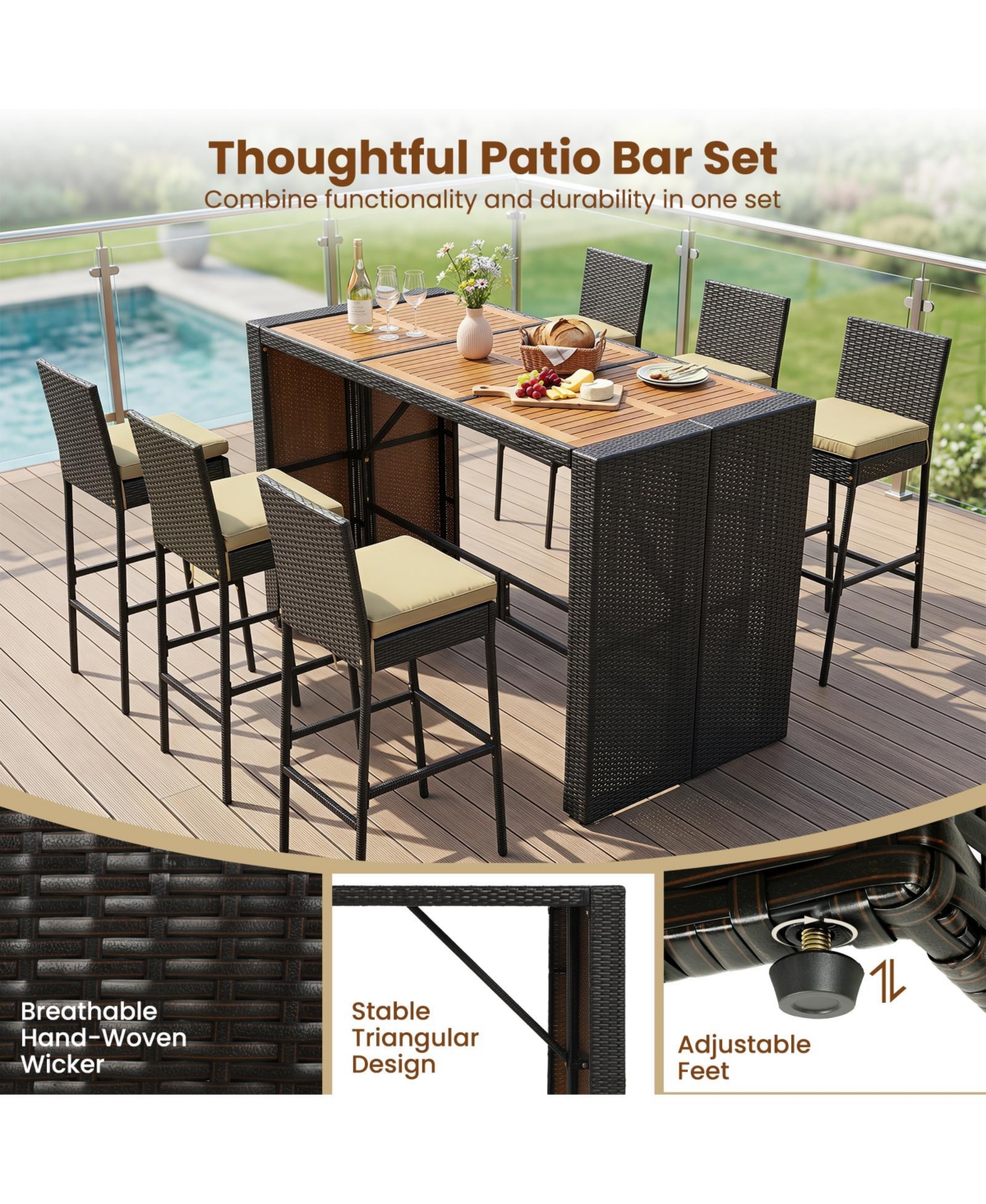Gymax 7-Piece Pe Wicker Bar Set With Bar Height Table 6 Cushioned Stools for Yard Outdoor