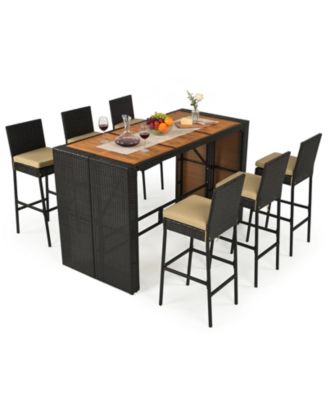 7-Piece PE Wicker Bar Set With Bar Height Table 6 Cushioned Stools for Yard Outdoor