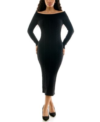Juniors' Off-the-Shoulder Long-Sleeve Mixed-Stitch Midi Dress