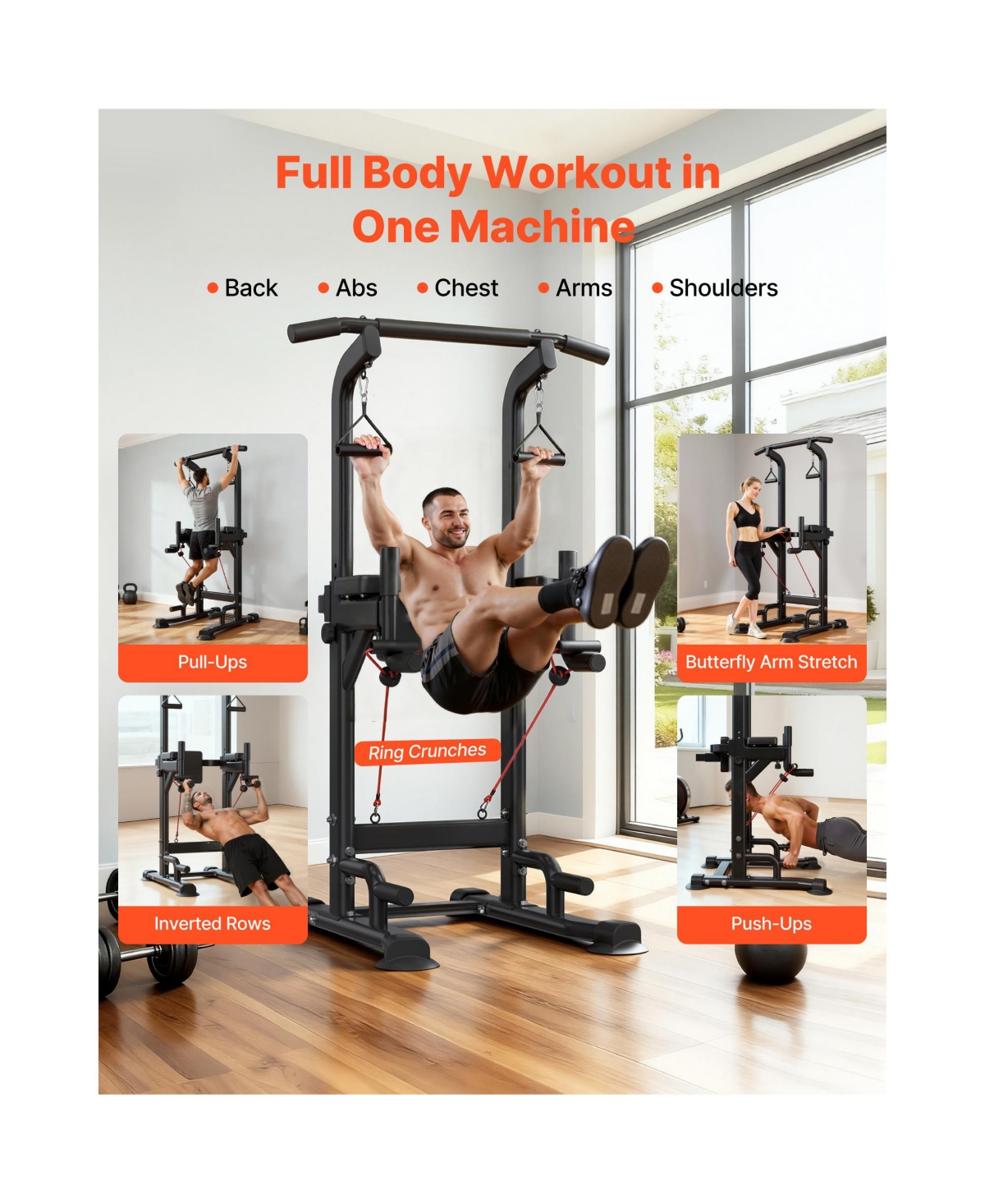 Hongge Free Standing Power Tower Dip Station with 12-Level Height and Butterfly Arm Rated to 330 lbs