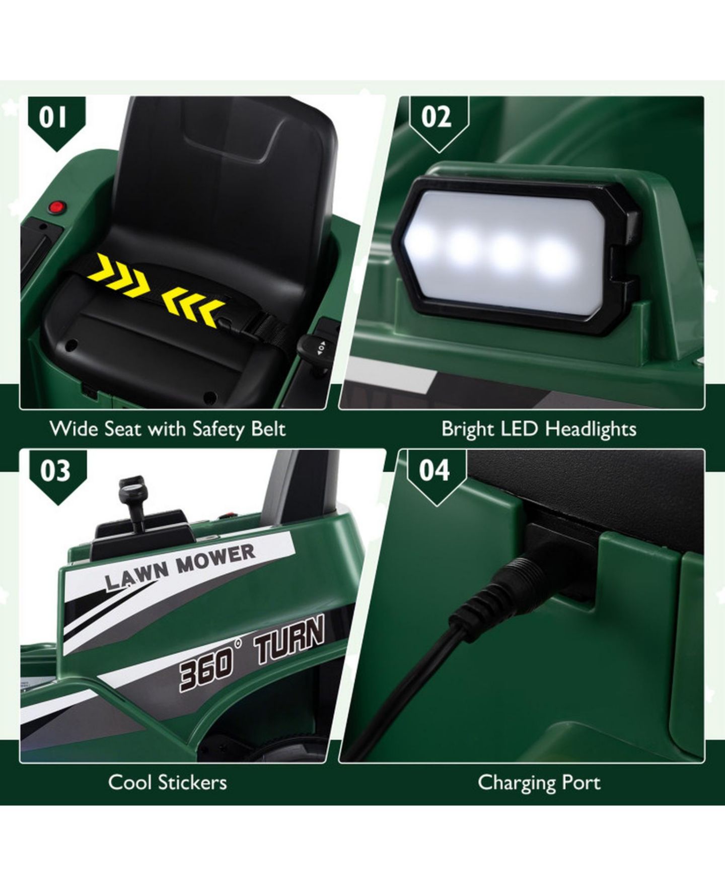 Детская игрушка HONGGE 12V Ride-On Mower with Spinning Blades and LED Lights, 77 lbs., Ages 3–8, цвет: Зелёный — фото 5