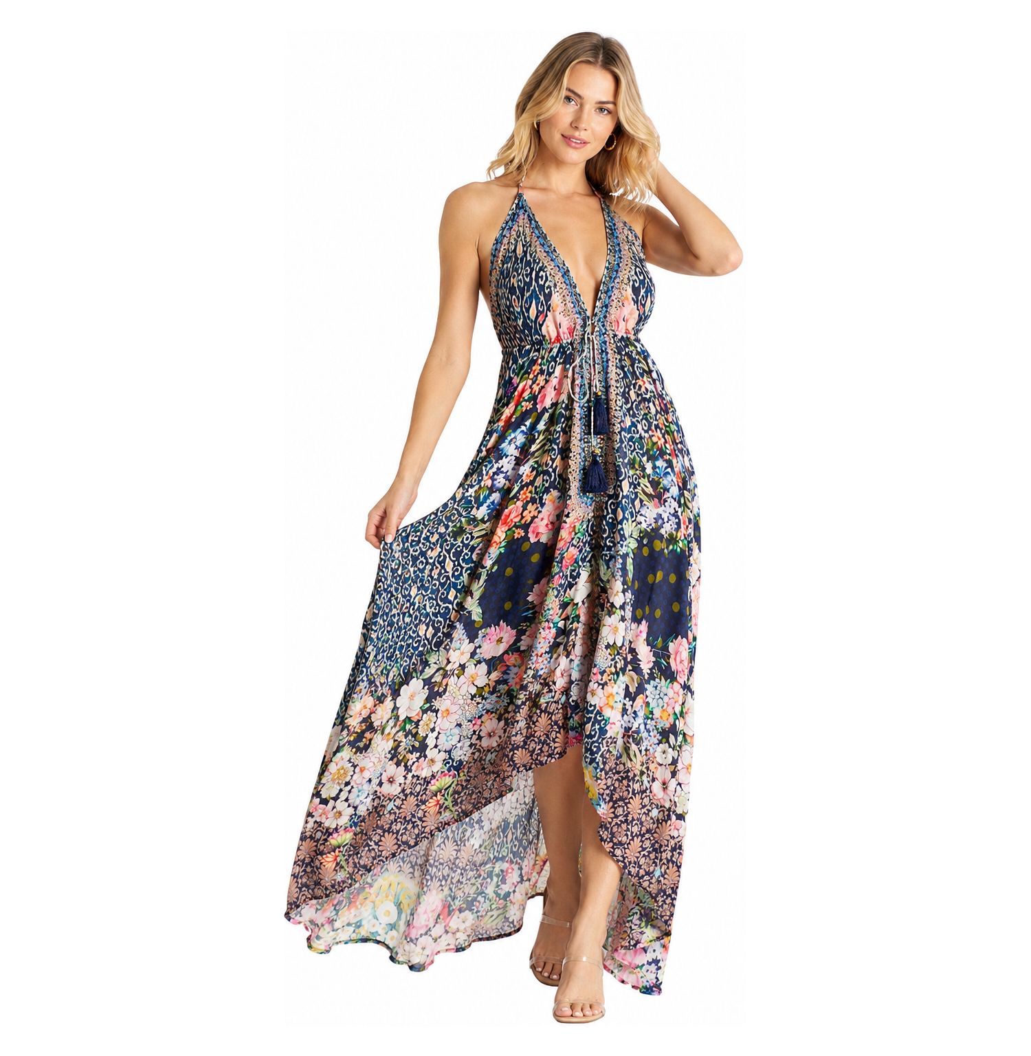 Women's Open Back Halter High-Low Maxi Dress