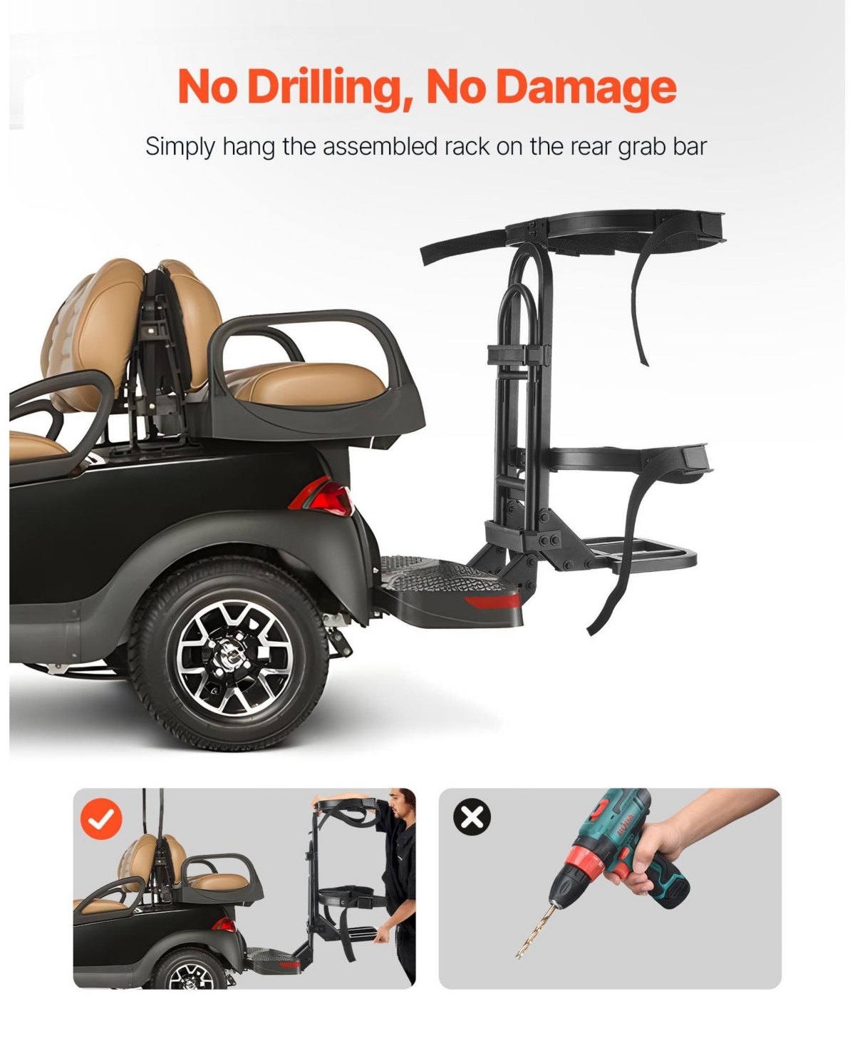 Sugift Golf Cart Rear Seat Bag Holder in Carbon Steel No-Drilling Installation