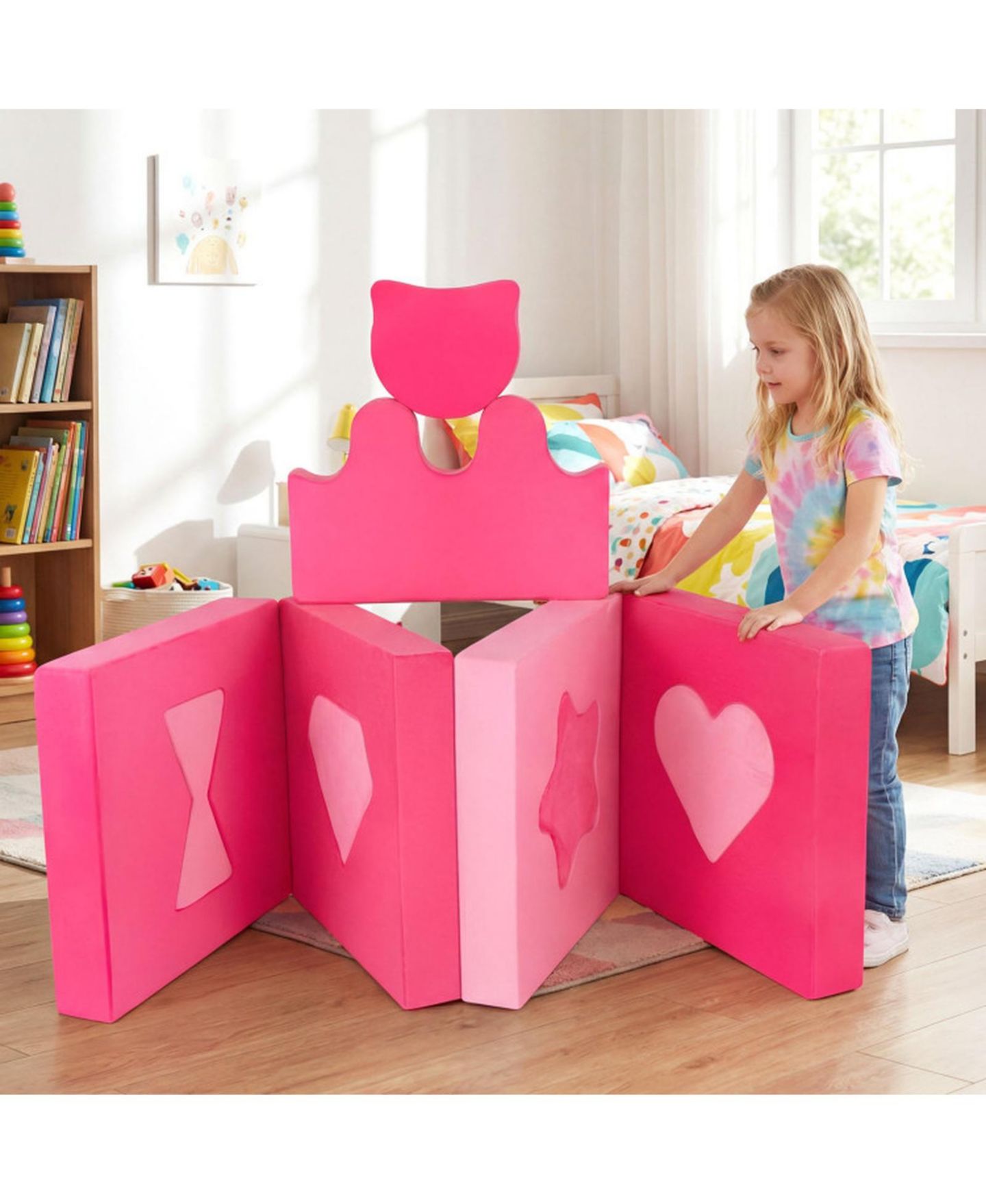 Детские игрушки HONGGE 14-Piece Modular Kids Play Couch with Washable Covers, цвет: Пудровый розовый — фото 2