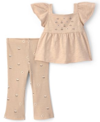 Baby Girls' Embroidered Flutter Sleeve Top and Pants, 2-Piece Set
