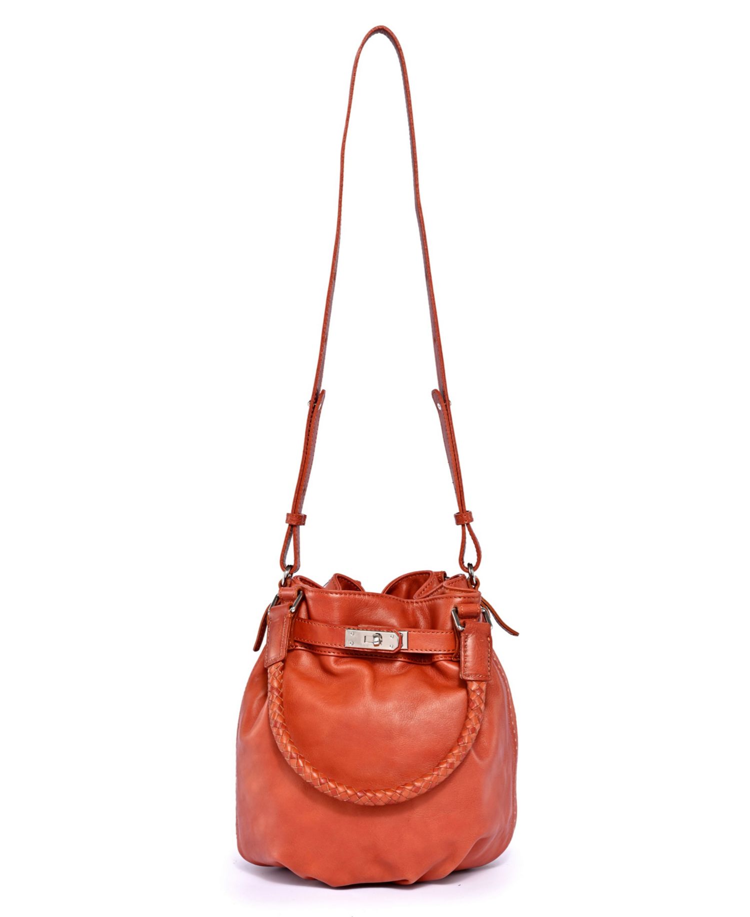 Pumpkin Small Leather Crossbody Bucket Bag