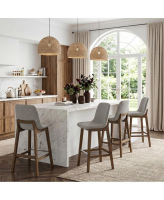 Set of 4 Upholstered Counter Height Bar Stools, Polyester Fabric, Solid Wood Barstools, Low Back with Backrest