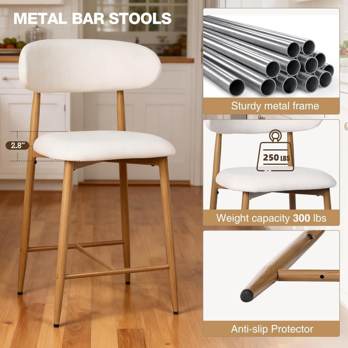 Maison Boucle Set of 2 Modern Mid-Century Counter Height Bar Stools, Linen Upholstered Barstools with Back
