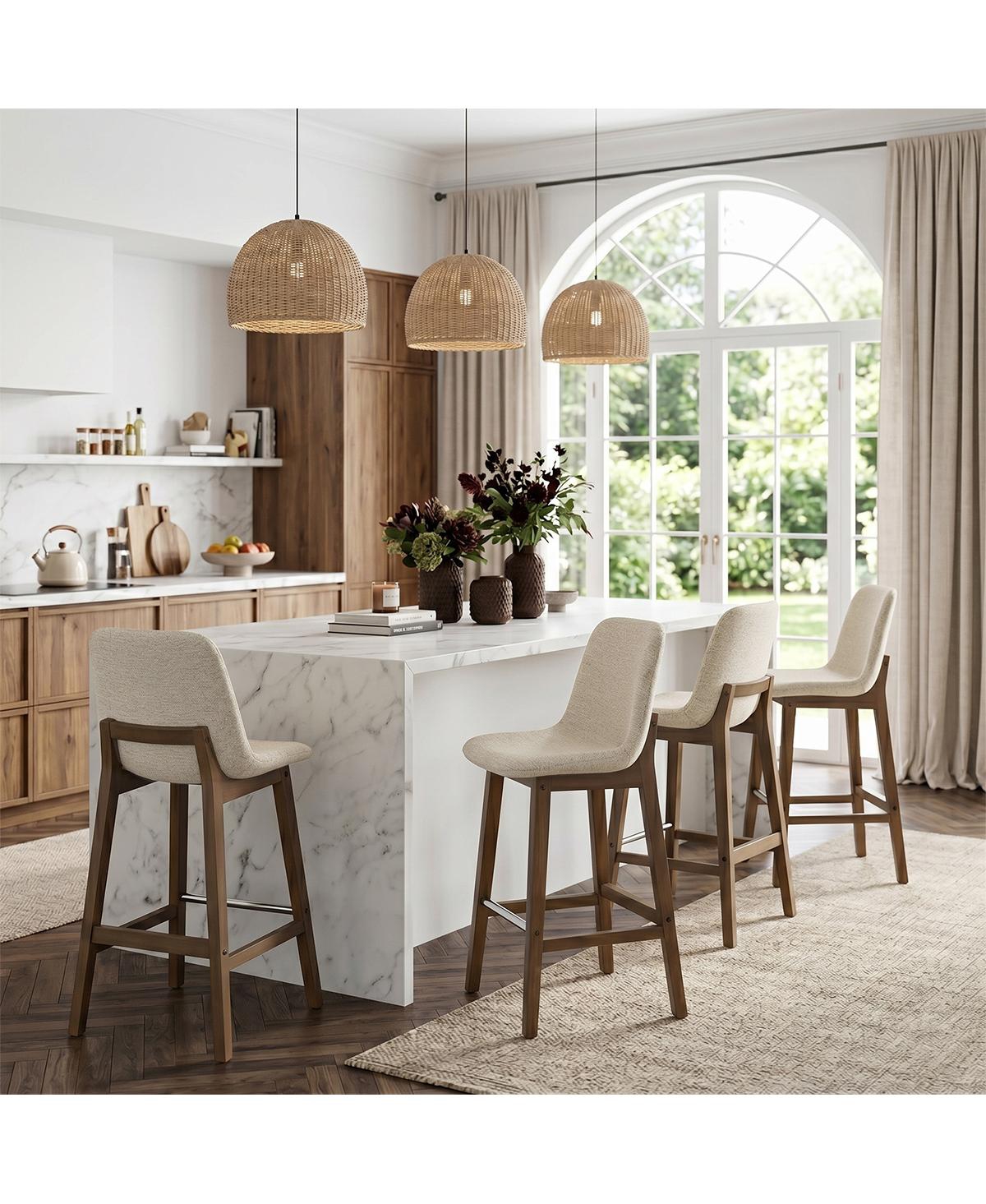 Maison Boucle Set of 4 Upholstered Counter Height Bar Stools, Polyester Fabric, Solid Wood Barstools, Low Back with Backrest