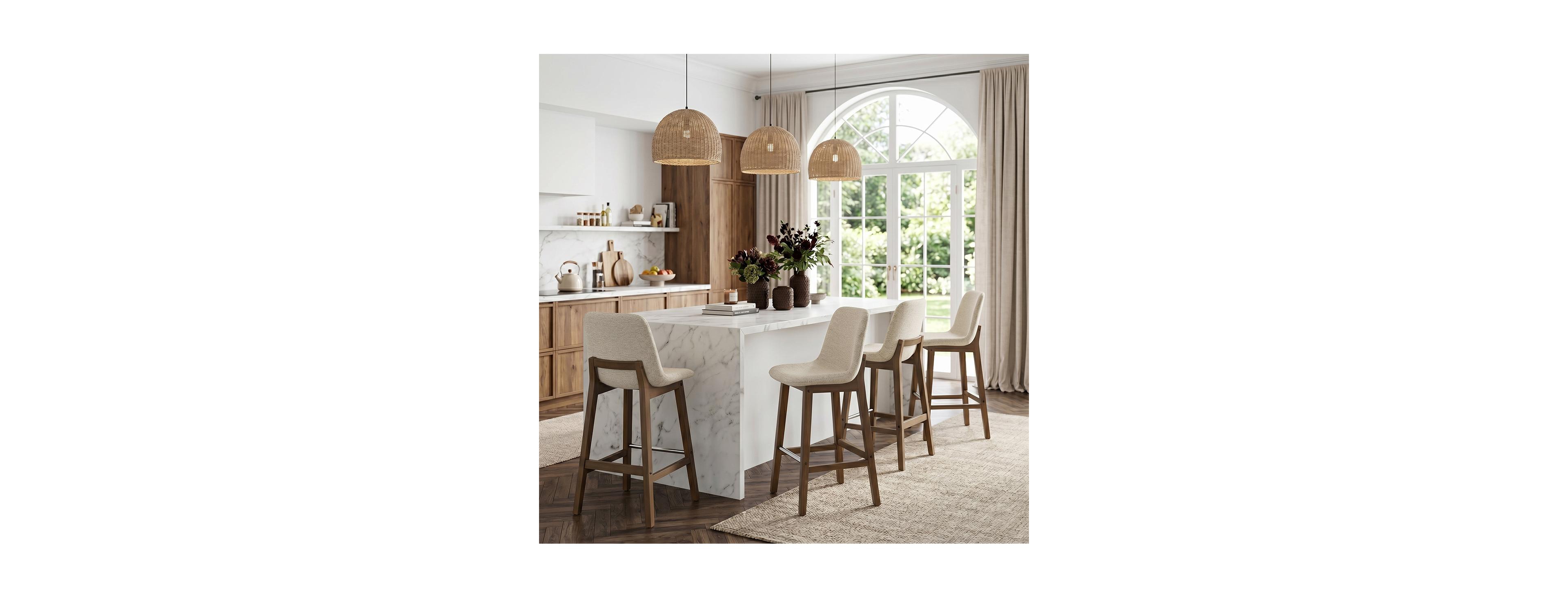 Maison Boucle Set of 4 Upholstered Counter Height Bar Stools, Polyester Fabric, Solid Wood Barstools, Low Back with Backrest