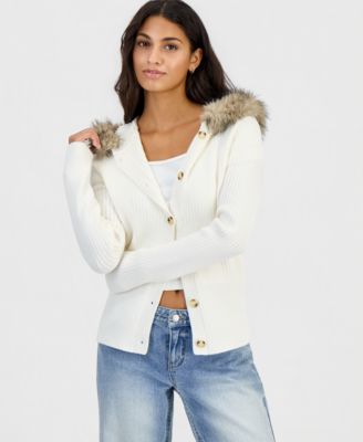 Juniors' Hooded Faux Fur Ribbed Cardigan