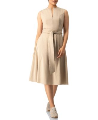 Women's Sleeveless Belted Split Neck A-Line Midi Dress with Sash